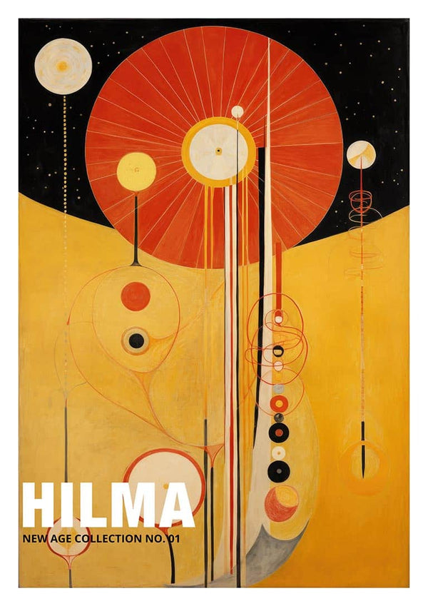 Abstract artwork with geometric shapes in red, yellow, and black for Hilma No 1 - Tara Green product page.