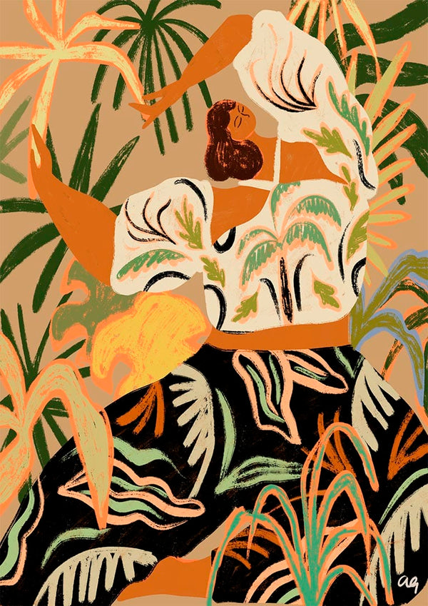 Art print of a woman dancing joyfully among lush tropical plants, Nature Embrace by Arty Guava.