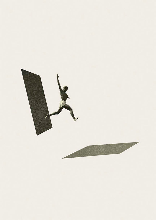 Surreal art of a person leaping between two platforms, from Not the one to wait by Maarten Léon.