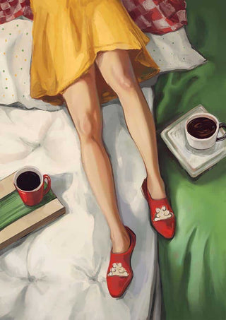 Woman in yellow dress relaxing with coffee, wearing red shoes; "Coffee Break" by Martina Karlsson.