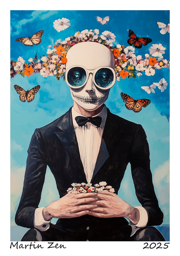 Surreal art of a skeleton in a suit holding flowers, with butterflies and blossoms around its head. "My Butterfly" by Martin Zen.