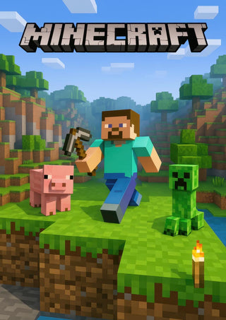 Minecraft poster featuring Steve holding a pickaxe, a pig, and a creeper on grassy blocks with the Minecraft logo.