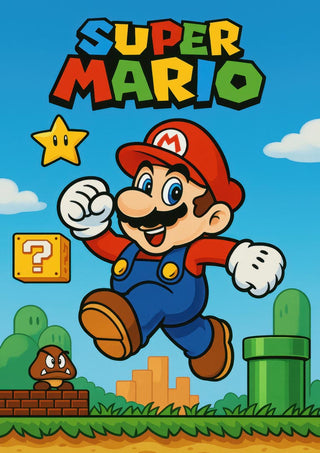 Colorful Super Mario poster featuring Mario jumping with a star, question box, Goomba, and green pipe in the background.