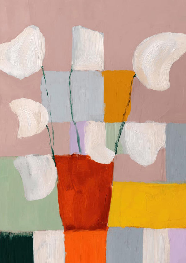 Abstract painting of a red flowerpot with white flowers, set against a colorful geometric background.
