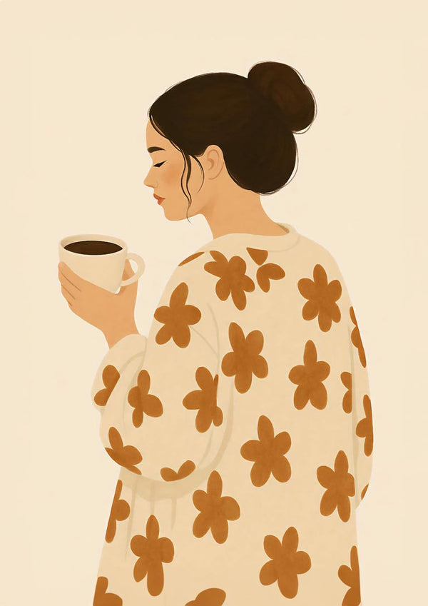 Illustration of a woman in a floral robe holding a coffee mug, featured on Good Morning by Annika Persson.