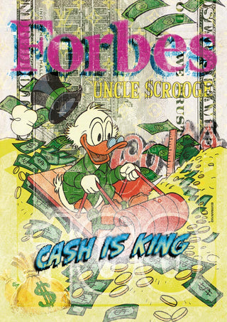 Cartoon duck Uncle Scrooge on a pile of money, with "Forbes," "Uncle Scrooge," and "Cash is King" text.