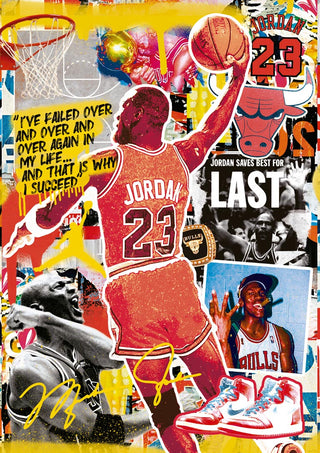Collage of Michael Jordan in Bulls jersey #23, slam dunking, with quotes and basketball-themed graphics.