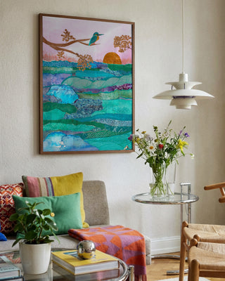 Kingfisher at Sunset by Enikő Marosváry-Kramcsák framed in a bright living room
