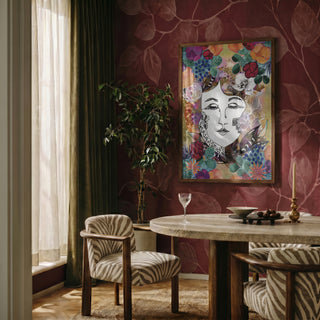Pearl of Nature by Enikő Marosváry-Kramcsák framed on a deep red patterned wall