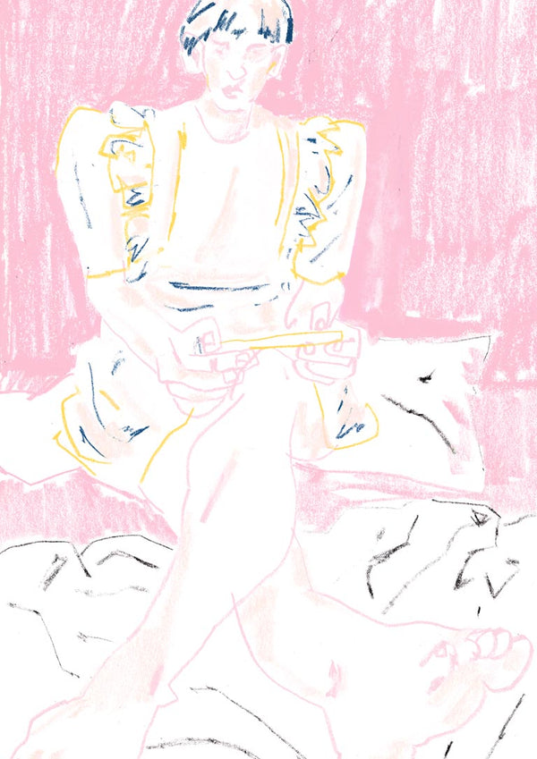 Sketch of a girl with short hair in a dress, sitting on a bed, holding a game controller against a pink background.