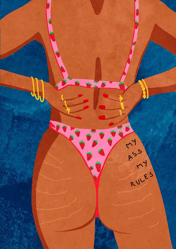 Illustration of a woman in strawberry-patterned lingerie with "MY ASS MY RULES" written on her hip.