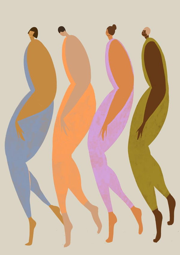 Abstract illustration of four elongated figures in colorful tones, featured artwork for We The Giants by Arty Guava.