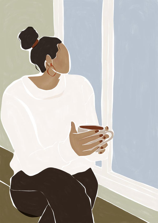 Illustration of a woman in an ivory sweater enjoying tea by a window, inspired by the Ivy Green collection.