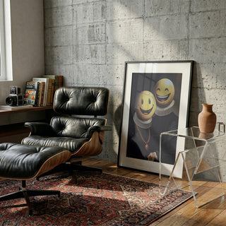 The Smilers - Dikhotomy artwork features two figures with smiley face masks in a modern living room setting.