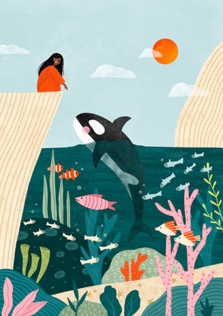 Girl Watches Ocean Life by Bea Müller – a girl on a cliff watching an orca leap above a colourful coral reef