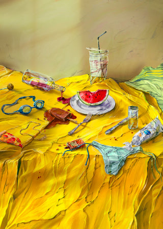 Messy Summer Indulgence by Natascha Baumgärtner – watermelon, melting ice lolly and swimming goggles on a yellow tablecloth