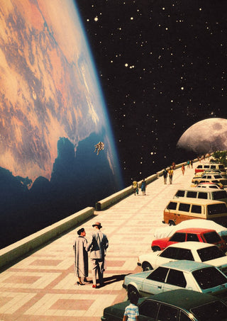 Space Promenade by Taudalpoi, a couple on a tiled seafront promenade with a planet and a drifting astronaut