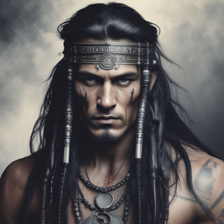 Tribal Eclipse by Devour Art - a man in an engraved silver headband and beaded necklaces against smoke