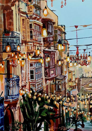 Saint Lucy Street by Mariam De Giorgio - festa lights and red chandeliers between Maltese wooden balconies