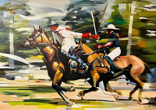 Players 3 by Adrian DeDea - two polo players galloping on bay horses against a blurred field