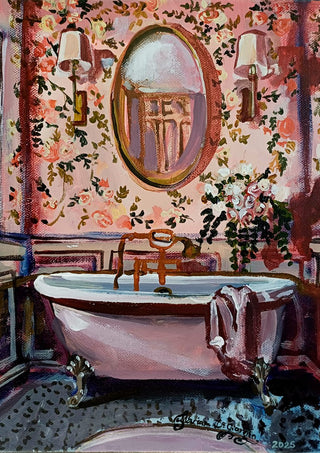 Pink chinoiserie bathroom by Mariam De Giorgio - pink claw-foot bathtub against rose wallpaper and an oval mirror