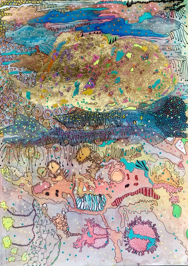Coral Kingdom by Debbie Seenan - pale pink reef with gold and blue bands and tiny sea creatures