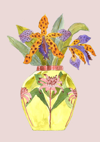 Orchids by Marjorie Salvagni - spotted orange orchids in a yellow vase on blush pink
