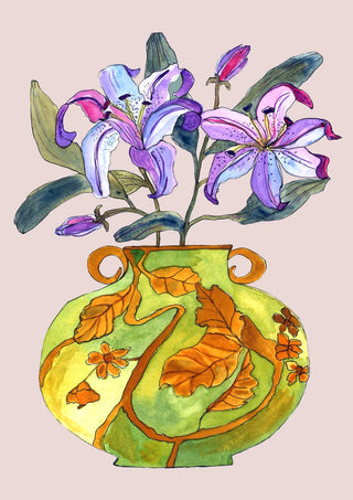 Lily by Marjorie Salvagni - lilac lilies above a green vase with copper leaves