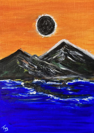 Overshadow by Fábio Diniz Art - black eclipse in an orange sky over mountains and a deep blue sea