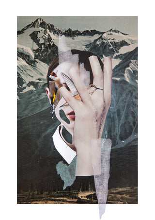 Birdie by Rocio Montoya - woman's face hidden behind a hand and birds before snowy mountains