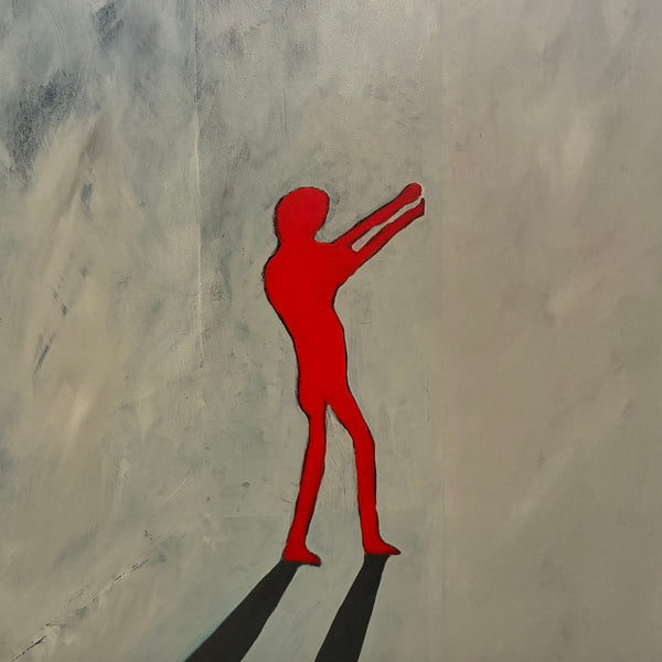 They were never born by Nectarios Livisianos - red figure with two long shadows on pale grey