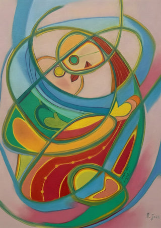 Embrace by Gerard Ceulemans - two figures held close in looping green and blue lines over fields of red, yellow and green