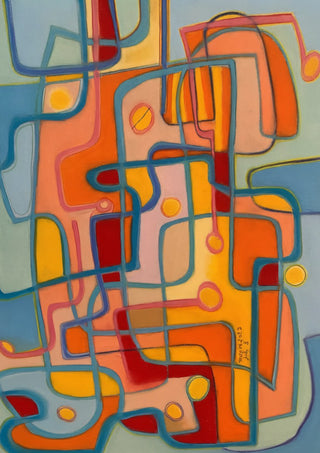 Walking the dog by Gerard Ceulemans - looping blue lines over orange, red and yellow blocks suggesting a figure and a dog
