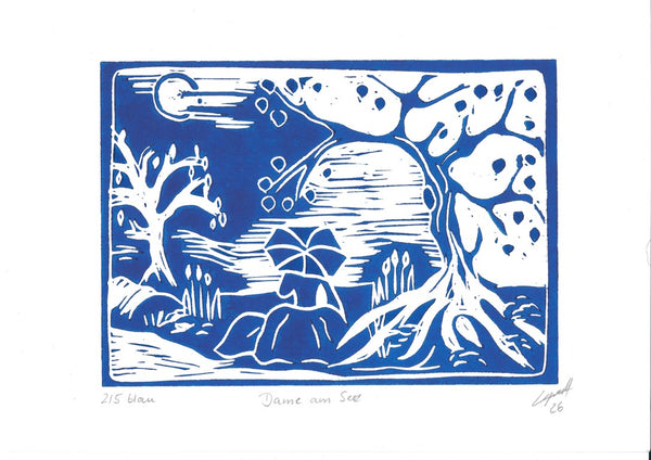 Dame am See · Lady by the Lake by ELIZA Leopold - blue linocut of a seated figure looking over a lake between two trees