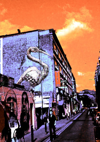 Brick Lane Pelican by Pelecan Schneider - pelican mural on a London brick gable under a burning orange sky