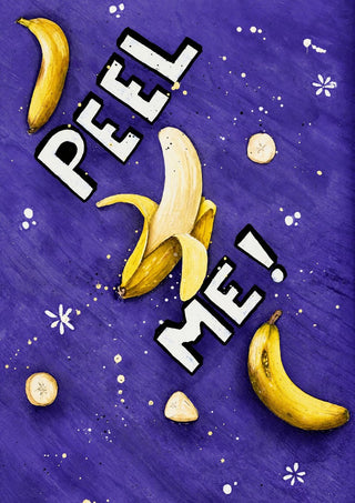 Peel me! by KG Studio - half-peeled banana and scattered slices on a deep violet ground under white block lettering