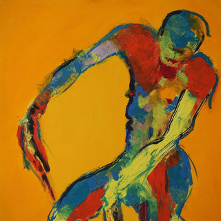 Bending Figure by René J - a figure bent forward in red, blue and green on flat orange