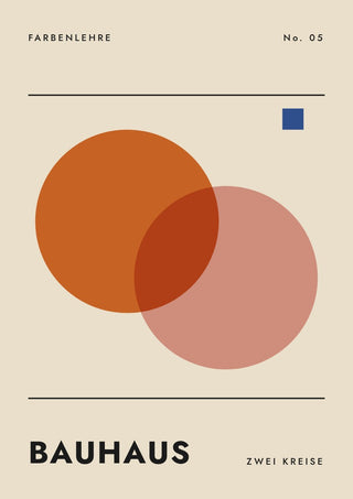 Bauhaus Zwei Kreise by ARTSY FARTSY, Bauhaus poster with overlapping orange and pink circles between two black lines