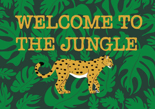 Welcome to the jungle by Lisen Vennesland - a spotted leopard walking among monstera leaves under golden lettering