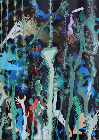 Mystical Garden by Andreas Pohle - pale green stems and hidden figures over a dark blue and red ground
