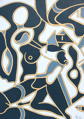 Erotica by Andreas Pohle - navy and steel blue shapes outlined in ochre with bodies emerging from the pattern