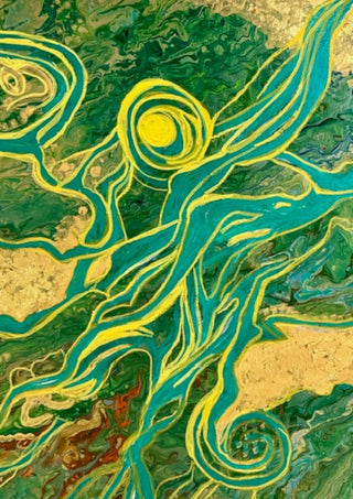 Golden Vines by Da Winters - teal ribbons edged in yellow winding over a marbled green ground