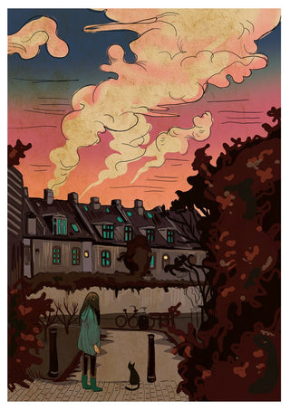 Evening walk by Nina Broen - a girl and a black cat on a cobbled path under a pink and orange sunset