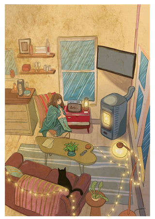 Evening by Nina Broen - a girl in a blanket by an old TV and a wood stove with a cat asleep on the sofa