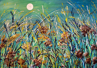 Meadow Moon by Svetla Stoyanova Bassi - grasses and seed heads under a pale moon on a teal ground