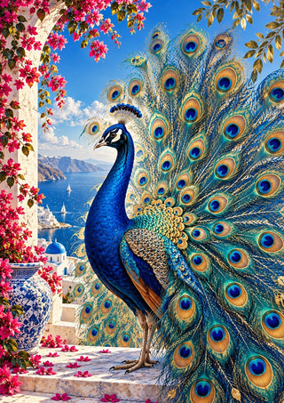 Azure Majesty by RA - a peacock with a fanned tail above a blue bay and pink bougainvillea