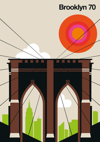 Brooklyn 70 by Bo Lundberg - Brooklyn Bridge in brown and black framing a lime green Manhattan skyline