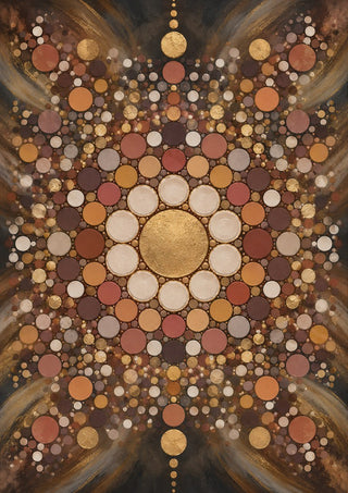 Dark mandala by RA - a gold disc in a mandala of terracotta and cream circles