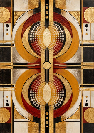 Abstract by RA - two circles of ochre and gold around black and cream grids