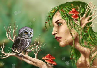 faery tree by Sofia de Lemos - a moss-grown woman's profile with toadstools and an owl